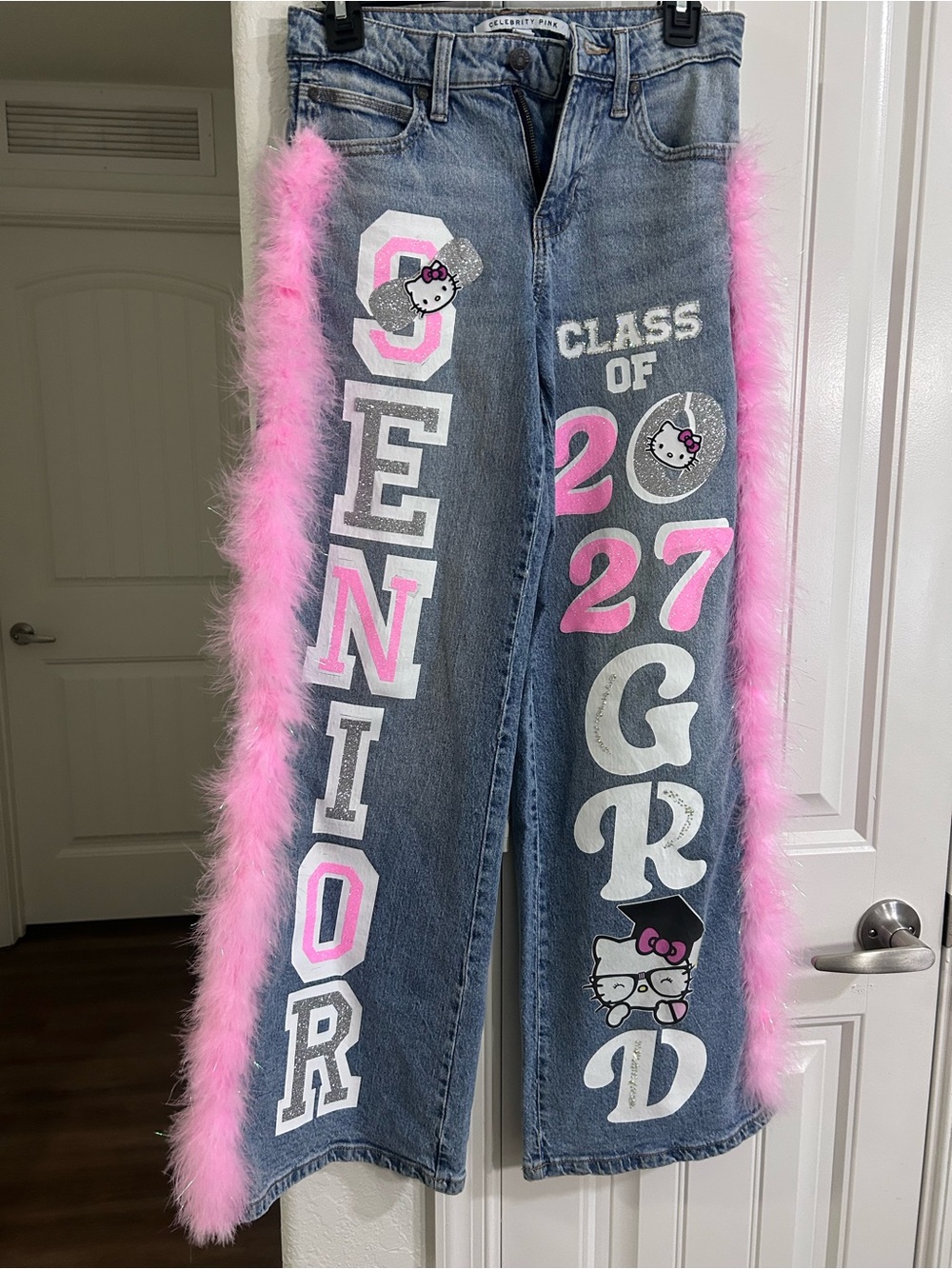 Celebrity Pink Blue Denim Wide-Leg Jeans with Pink Feather Trim